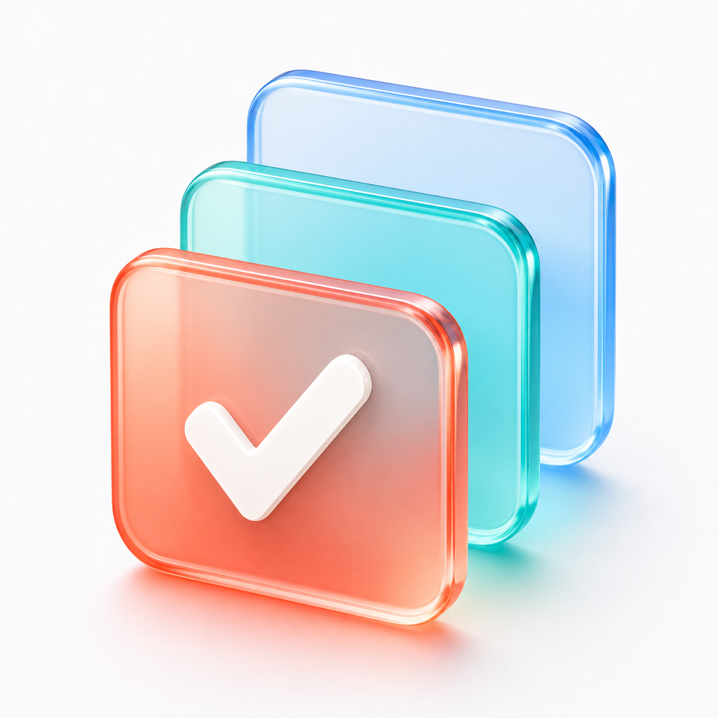 toodoo app icon with a white checkmark on layered coral, teal, and blue tiles